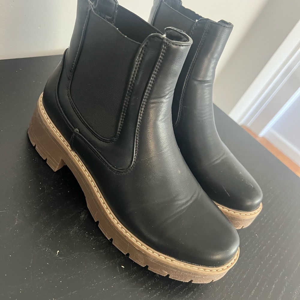 Chunky Black Ankle Boots with Tan Sole